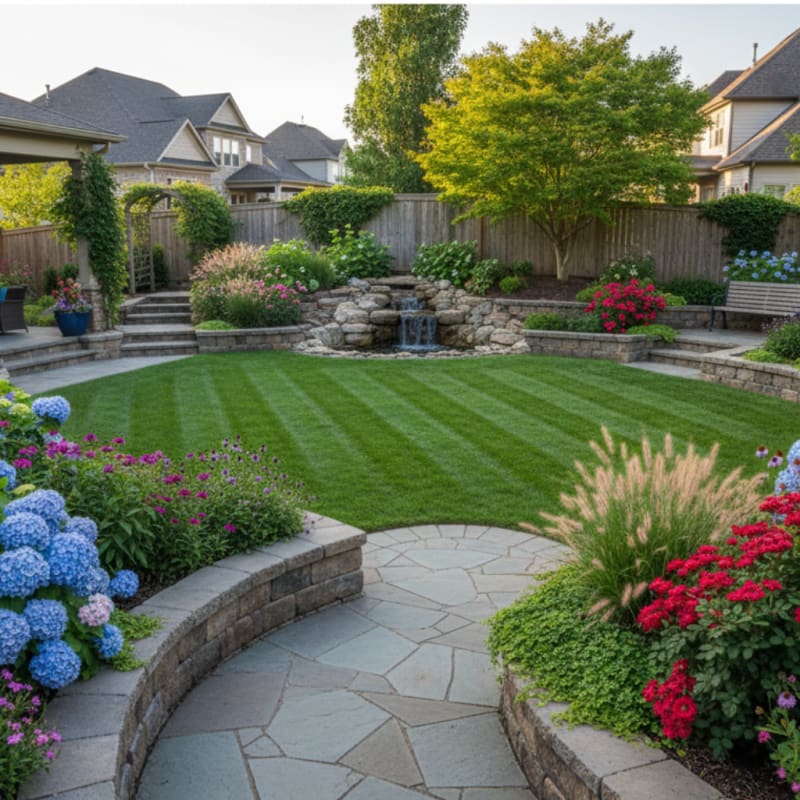 Landscaped yard with striped green grass, stone pathway, colorful flowers, a small rock waterfall, shrubs, and a wooden fence.