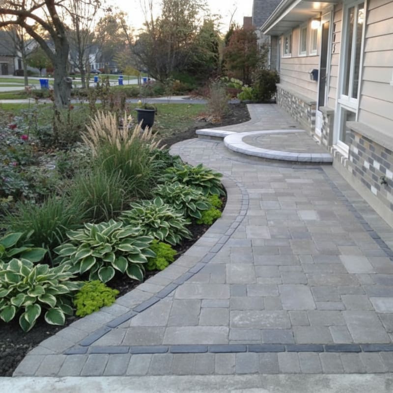 Curved stone walkways and paths beside a house with green plants lining the left side and a small step leading to a door on the right.
